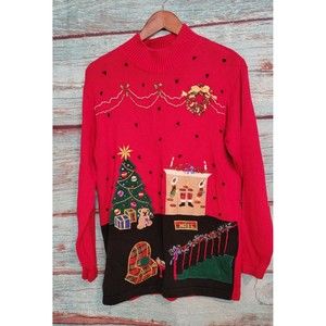 Victoria Jones Womans Pullover Embellished Christmas Ugly Sweater Red Size Med